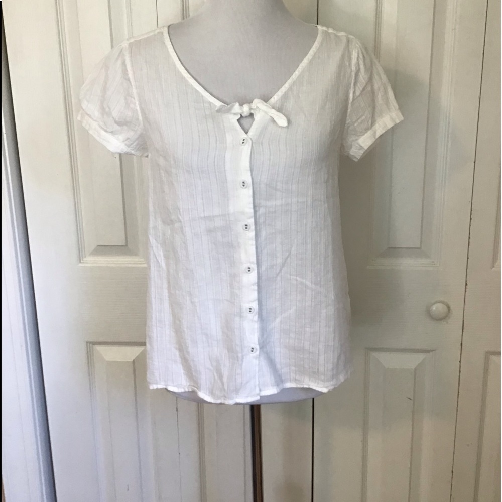 MODCLOTH Cotton Puff Sleeve Tie Chest Button Up Top M